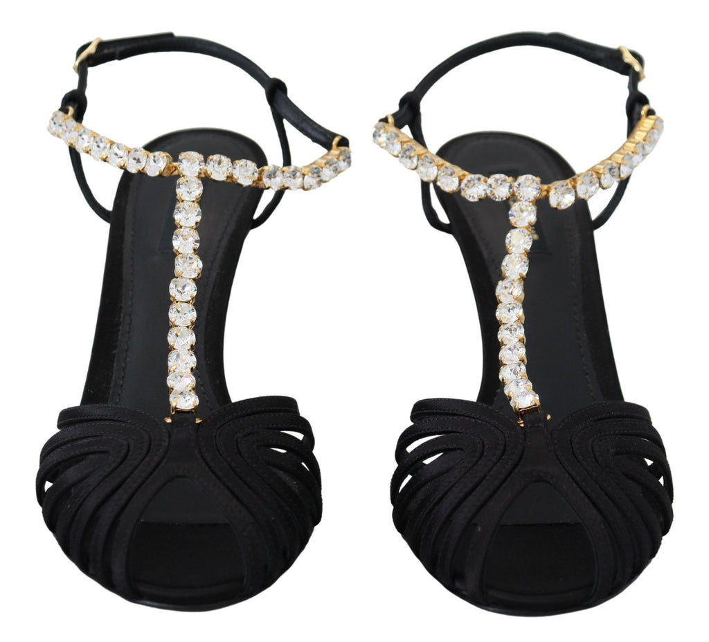 Dolce & Gabbana Black Satin T-Strap Sandal – Clear Crystal, Silk-Viscose, Leather Sole, Logo, Italian