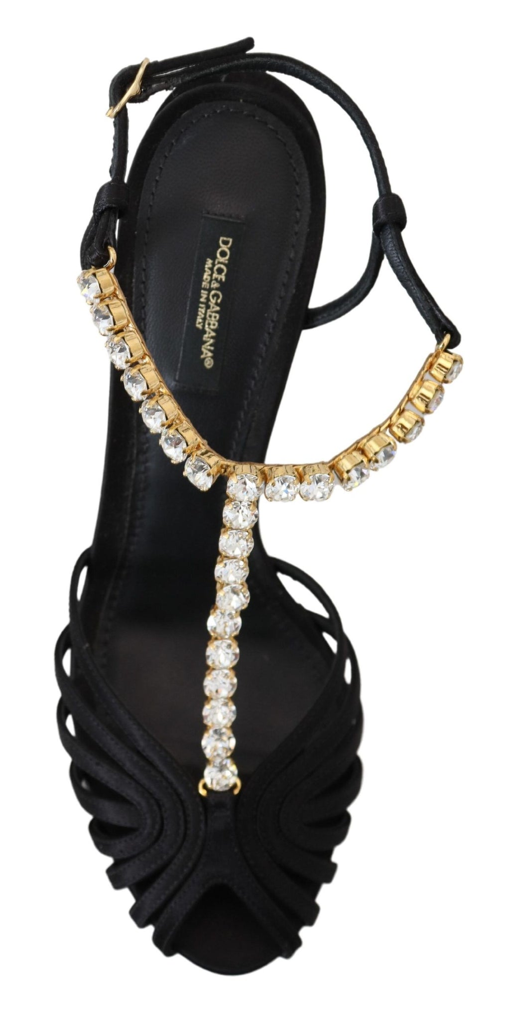 Dolce & Gabbana Black Satin T-Strap Sandal – Clear Crystal, Silk-Viscose, Leather Sole, Logo, Italian