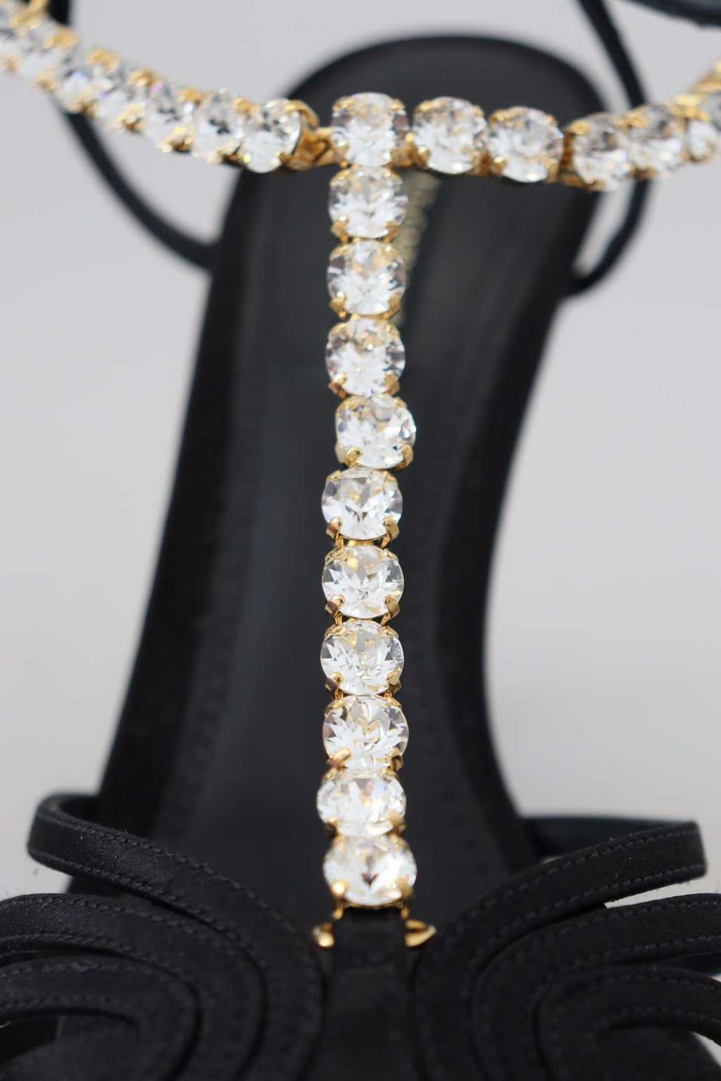 Dolce & Gabbana Black Satin T-Strap Sandal – Clear Crystal, Silk-Viscose, Leather Sole, Logo, Italian
