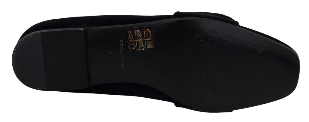Dolce & Gabbana Black Velvet Crystal Loafer Flat – Clear Crystals, Cotton-Viscose, Leather Sole, Logo, Italian