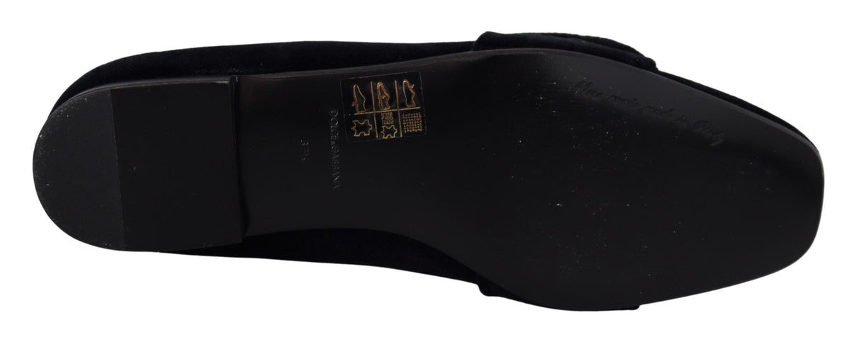 Dolce & Gabbana Black Velvet Crystal Loafer Flat – Clear Crystals, Cotton-Viscose, Leather Sole, Logo, Italian