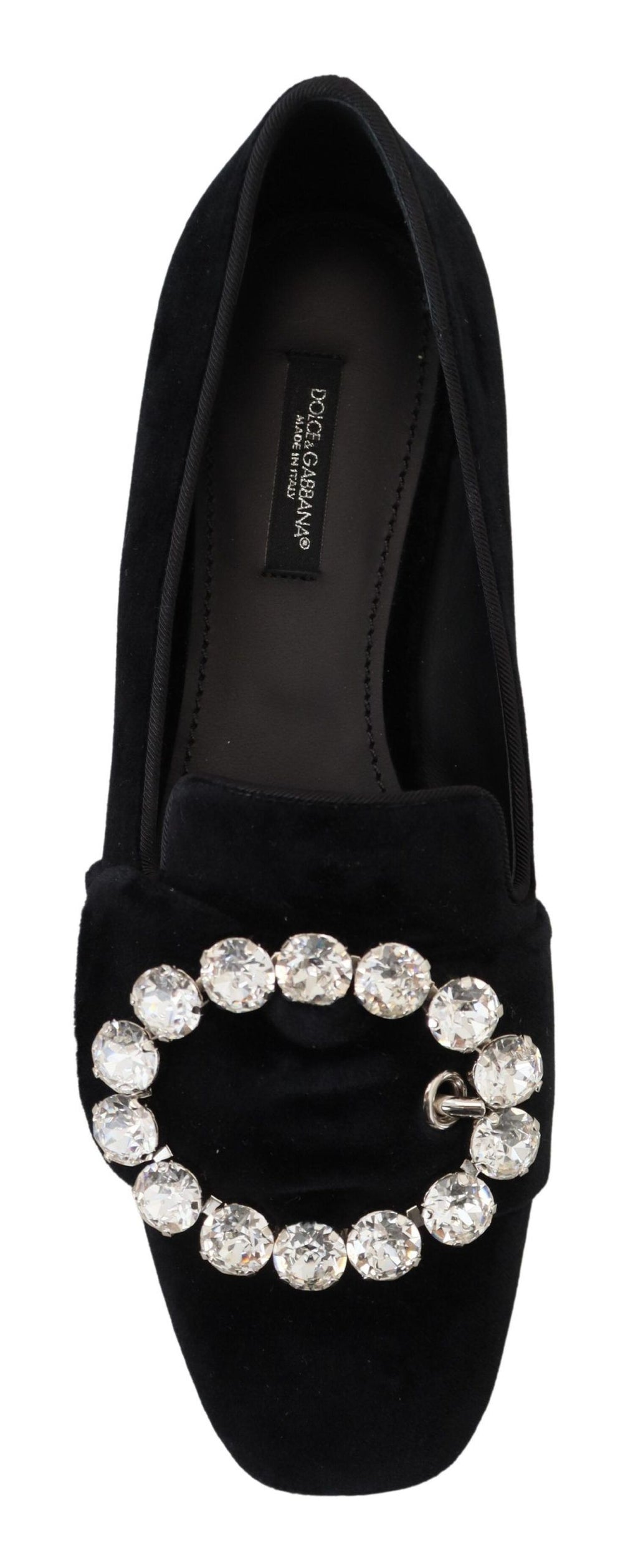 Dolce & Gabbana Black Velvet Crystal Loafer Flat – Clear Crystals, Cotton-Viscose, Leather Sole, Logo, Italian