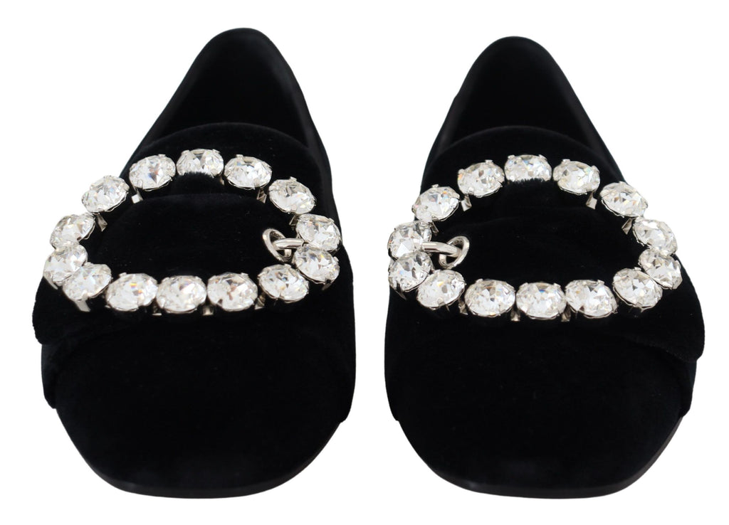 Dolce & Gabbana Black Velvet Crystal Loafer Flat – Clear Crystals, Cotton-Viscose, Leather Sole, Logo, Italian