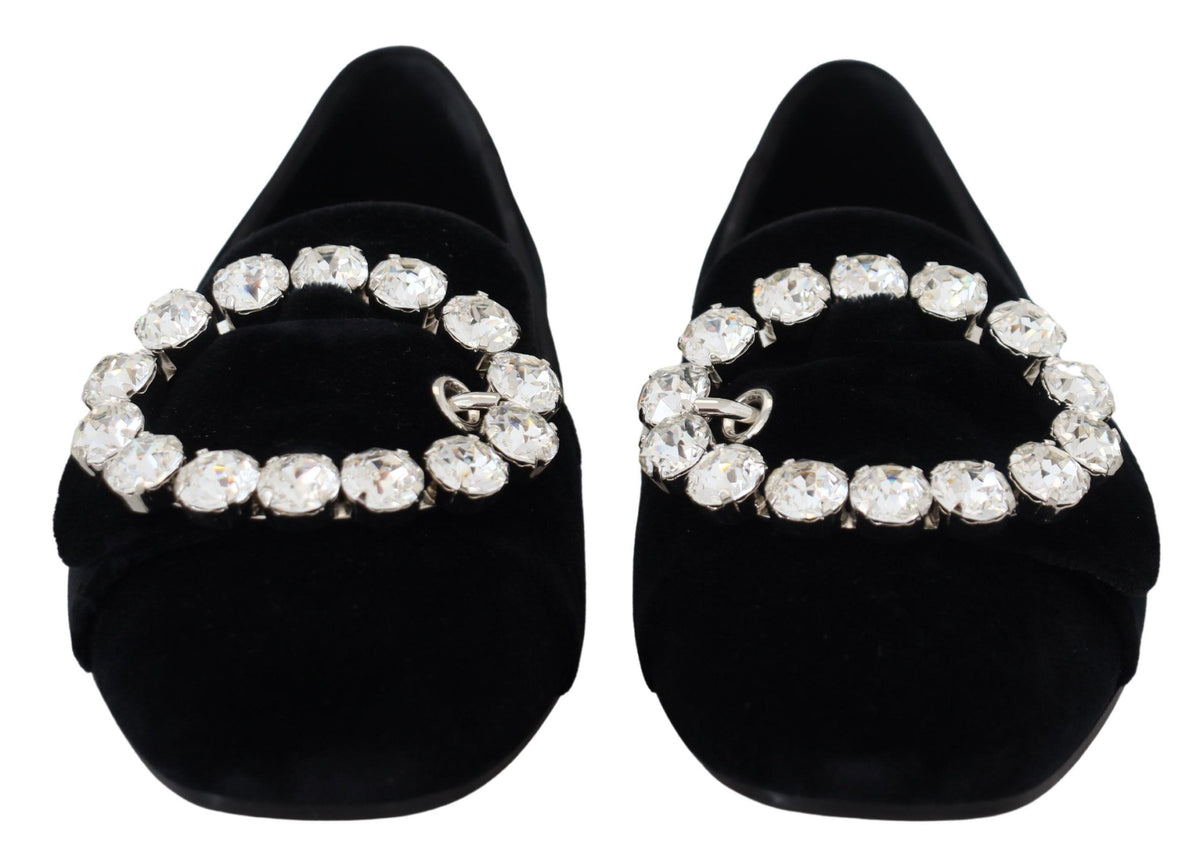 Dolce & Gabbana Black Velvet Crystal Loafer Flat – Clear Crystals, Cotton-Viscose, Leather Sole, Logo, Italian