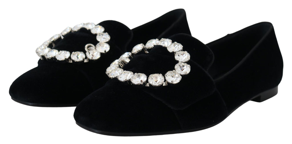 Dolce & Gabbana Black Velvet Crystal Loafer Flat – Clear Crystals, Cotton-Viscose, Leather Sole, Logo, Italian