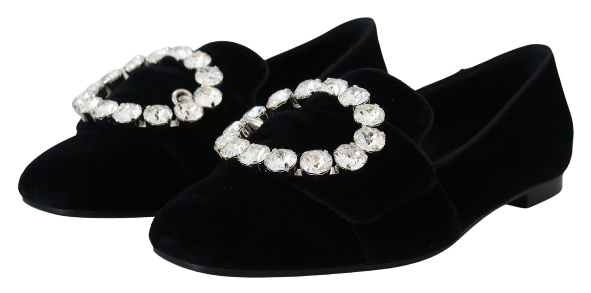 Dolce & Gabbana Black Velvet Crystal Loafer Flat – Clear Crystals, Cotton-Viscose, Leather Sole, Logo, Italian