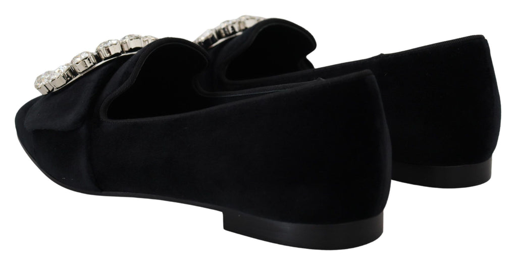 Dolce & Gabbana Black Velvet Crystal Loafer Flat – Clear Crystals, Cotton-Viscose, Leather Sole, Logo, Italian