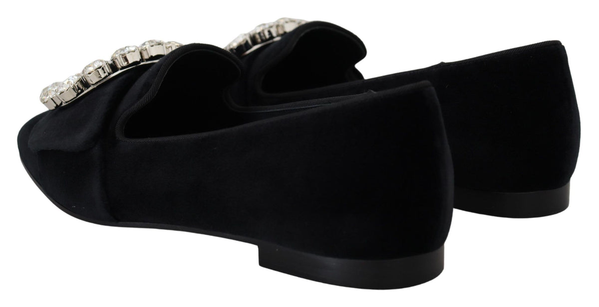 Dolce & Gabbana Black Velvet Crystal Loafer Flat – Clear Crystals, Cotton-Viscose, Leather Sole, Logo, Italian