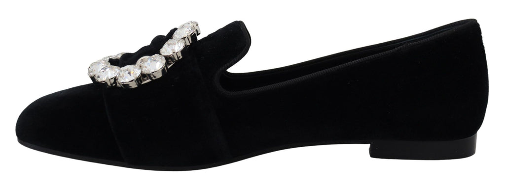 Dolce & Gabbana Black Velvet Crystal Loafer Flat – Clear Crystals, Cotton-Viscose, Leather Sole, Logo, Italian