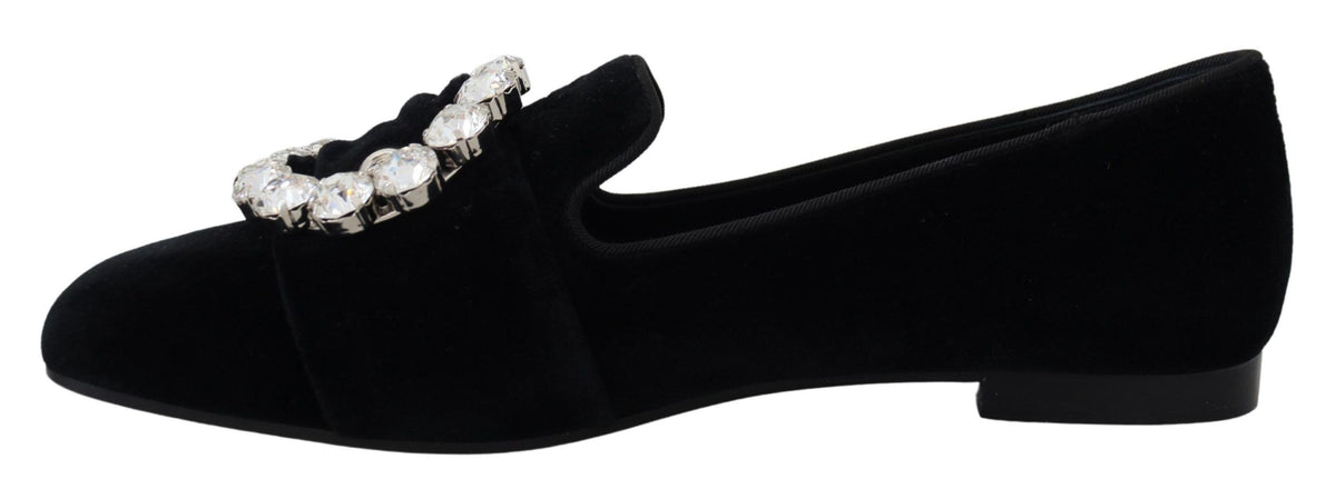 Dolce & Gabbana Black Velvet Crystal Loafer Flat – Clear Crystals, Cotton-Viscose, Leather Sole, Logo, Italian