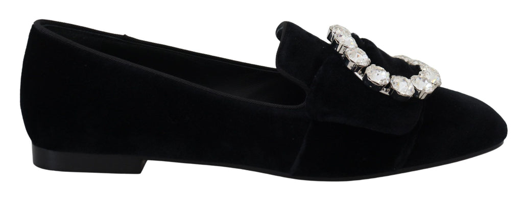Dolce & Gabbana Black Velvet Crystal Loafer Flat – Clear Crystals, Cotton-Viscose, Leather Sole, Logo, Italian