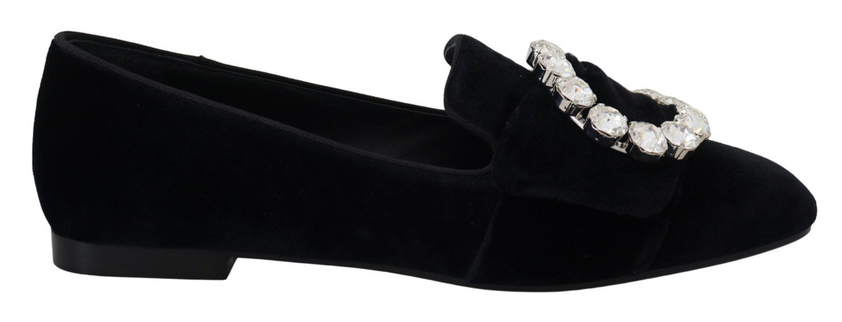 Dolce & Gabbana Black Velvet Crystal Loafer Flat – Clear Crystals, Cotton-Viscose, Leather Sole, Logo, Italian