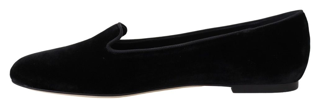 Dolce & Gabbana Black Velvet Slip-On Loafer Flat – Silk-Viscose, Leather Sole, Logo, Italian