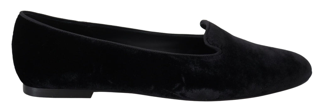 Dolce & Gabbana Black Velvet Slip-On Loafer Flat – Silk-Viscose, Leather Sole, Logo, Italian