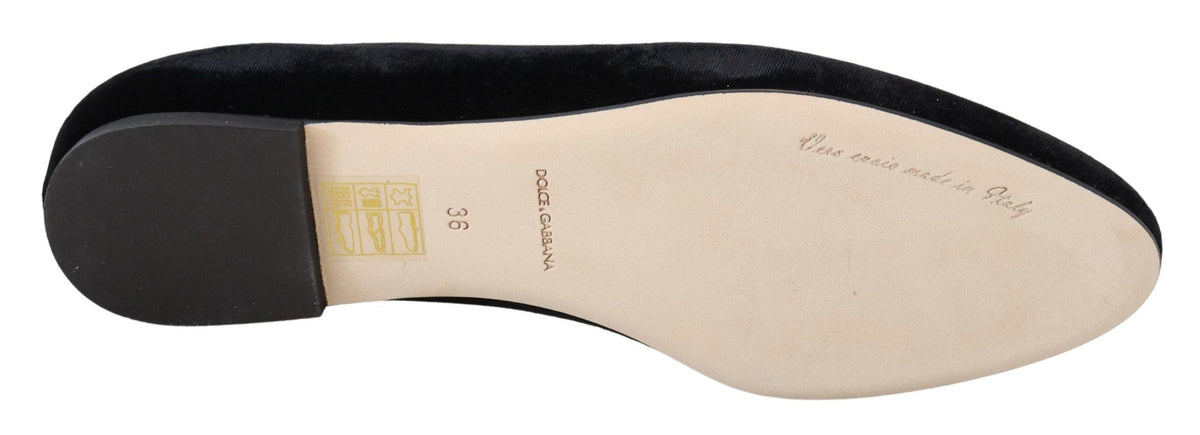 Dolce & Gabbana Black Velvet Slip-On Loafer Flat – Silk-Viscose, Leather Sole, Logo, Italian