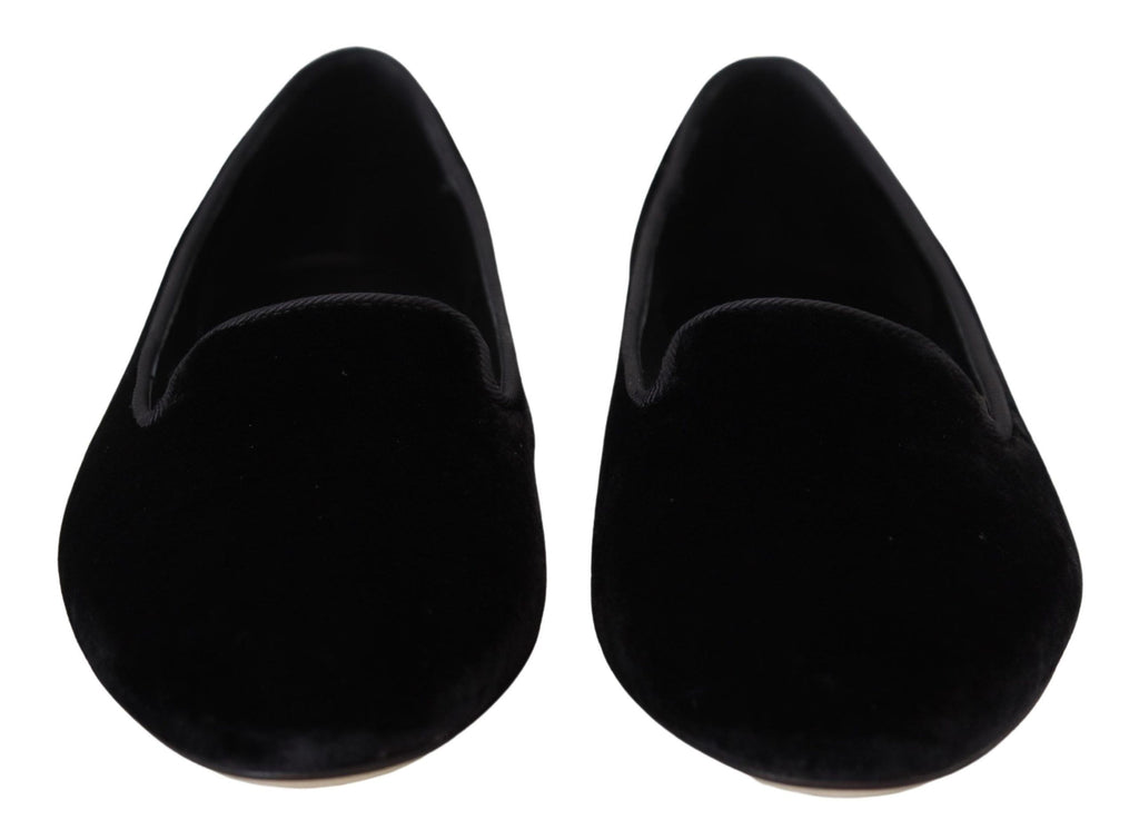 Dolce & Gabbana Black Velvet Slip-On Loafer Flat – Silk-Viscose, Leather Sole, Logo, Italian