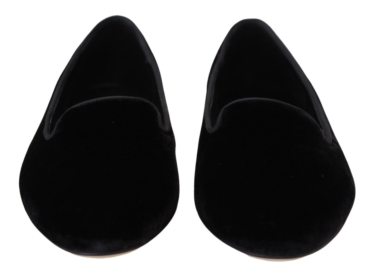 Dolce & Gabbana Black Velvet Slip-On Loafer Flat – Silk-Viscose, Leather Sole, Logo, Italian