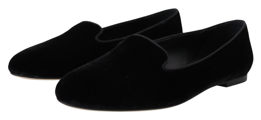 Dolce & Gabbana Black Velvet Slip-On Loafer Flat – Silk-Viscose, Leather Sole, Logo, Italian