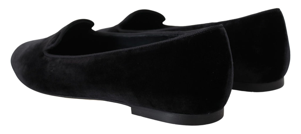 Dolce & Gabbana Black Velvet Slip-On Loafer Flat – Silk-Viscose, Leather Sole, Logo, Italian