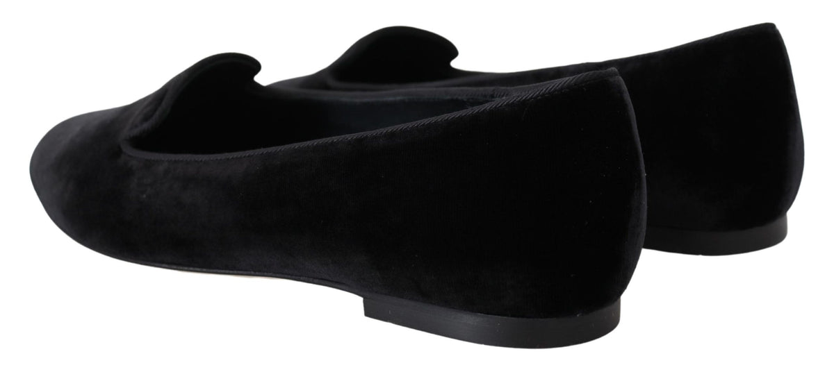 Dolce & Gabbana Black Velvet Slip-On Loafer Flat – Silk-Viscose, Leather Sole, Logo, Italian