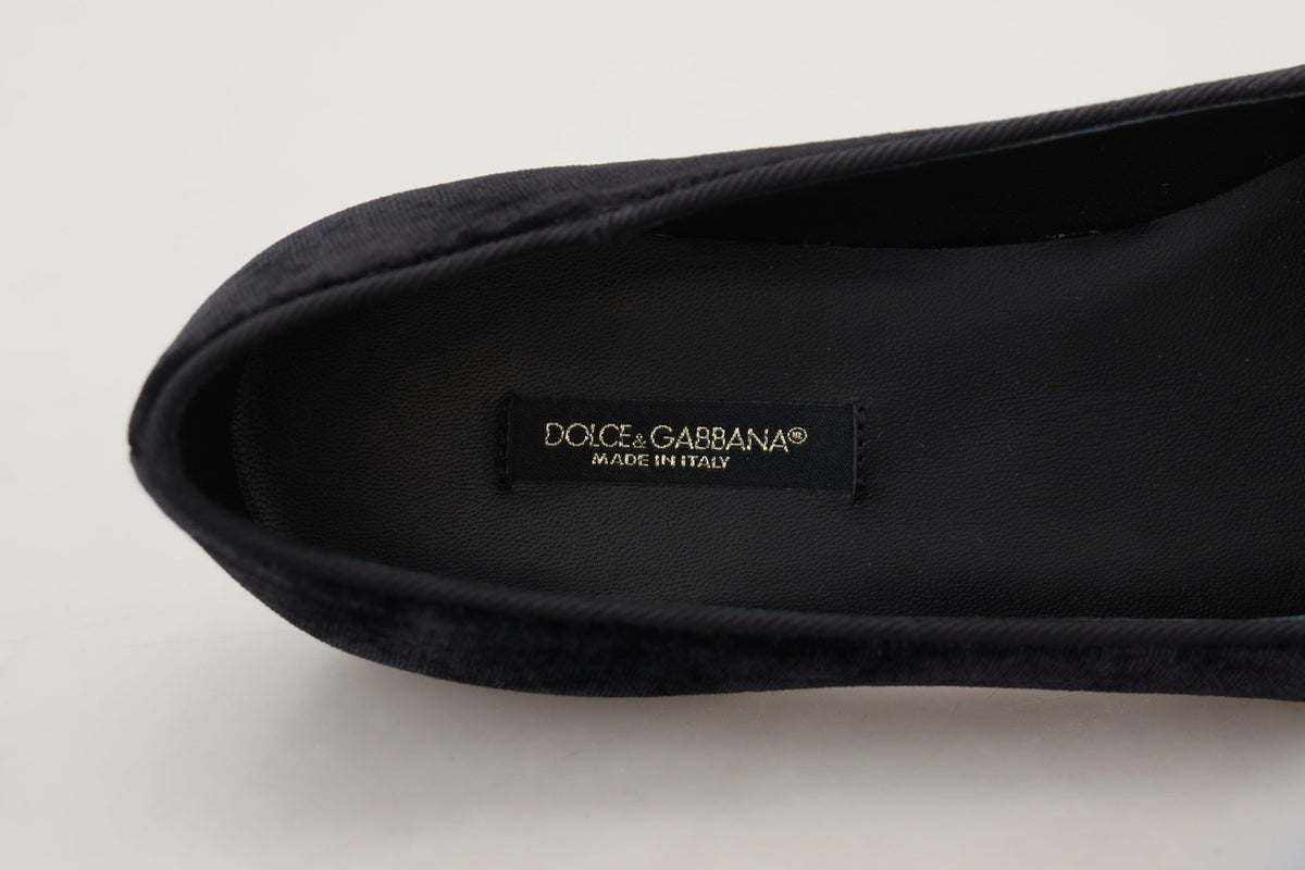 Dolce & Gabbana Black Velvet Slip-On Loafer Flat – Silk-Viscose, Leather Sole, Logo, Italian