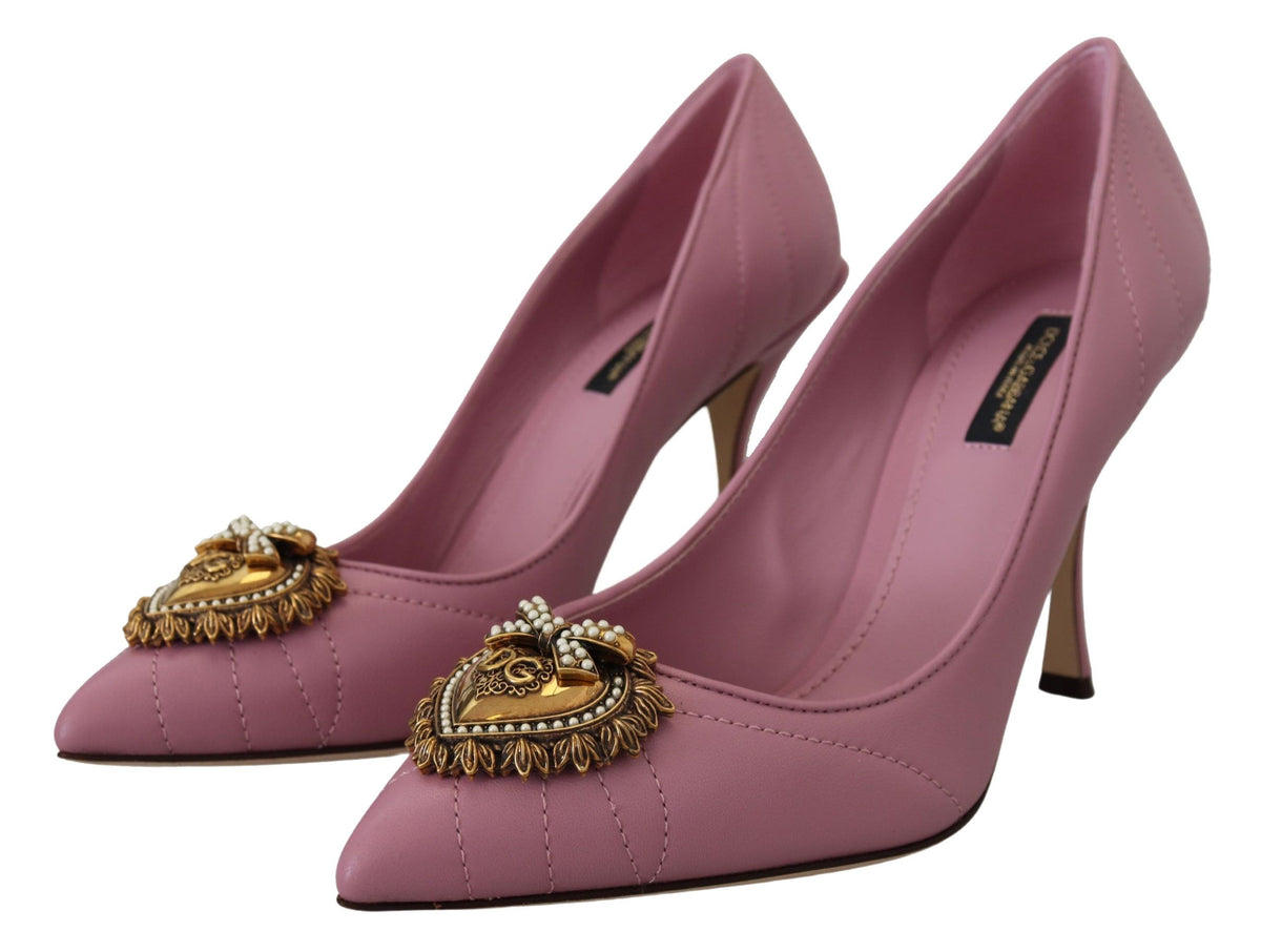 Dolce & Gabbana Pink Leather 'DEVOTION' Heart High Heel – Gold Heart, Leather Sole, Logo, Italian