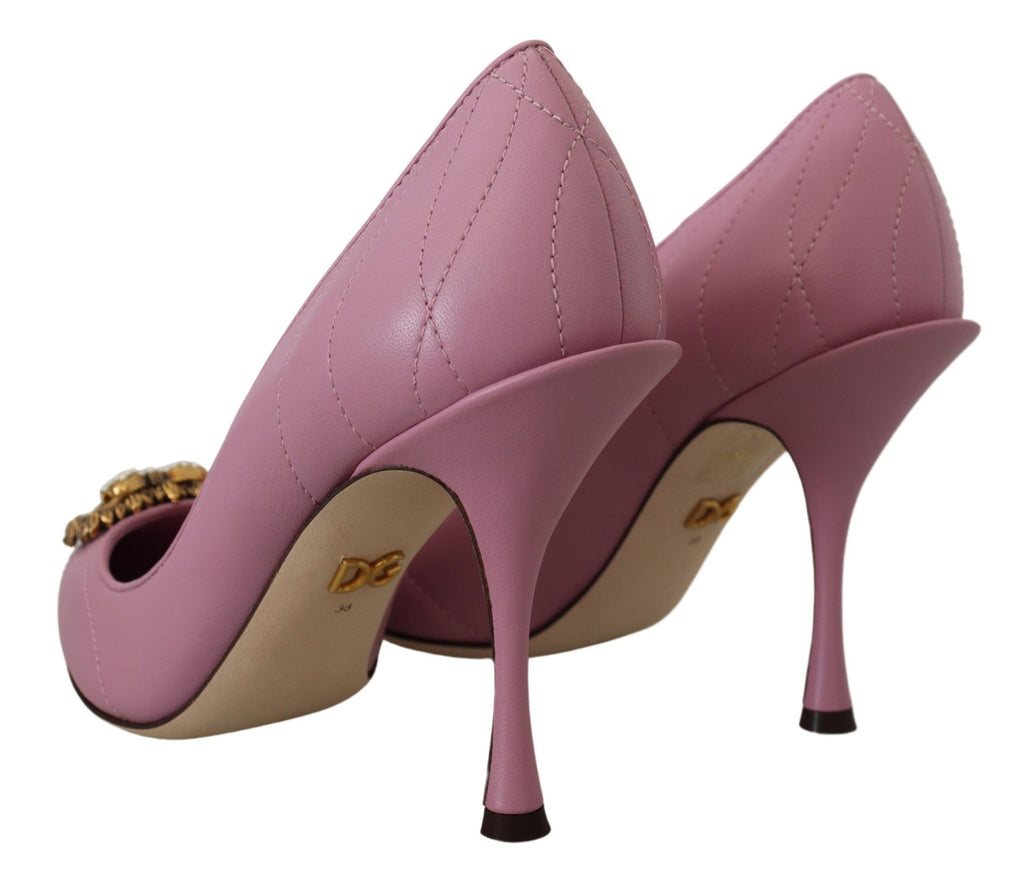 Dolce & Gabbana Pink Leather 'DEVOTION' Heart High Heel – Gold Heart, Leather Sole, Logo, Italian
