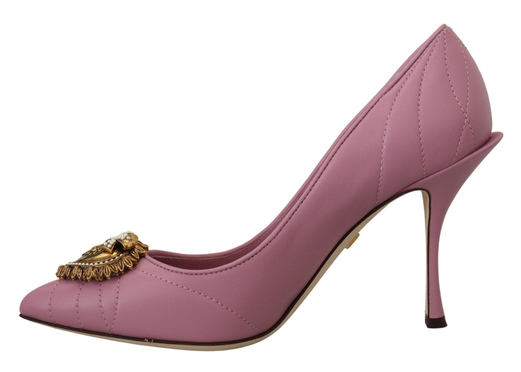 Dolce & Gabbana Pink Leather 'DEVOTION' Heart High Heel – Gold Heart, Leather Sole, Logo, Italian