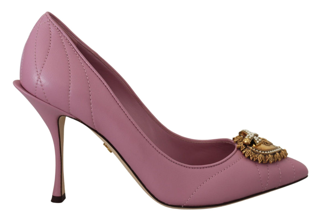 Dolce & Gabbana Pink Leather 'DEVOTION' Heart High Heel – Gold Heart, Leather Sole, Logo, Italian