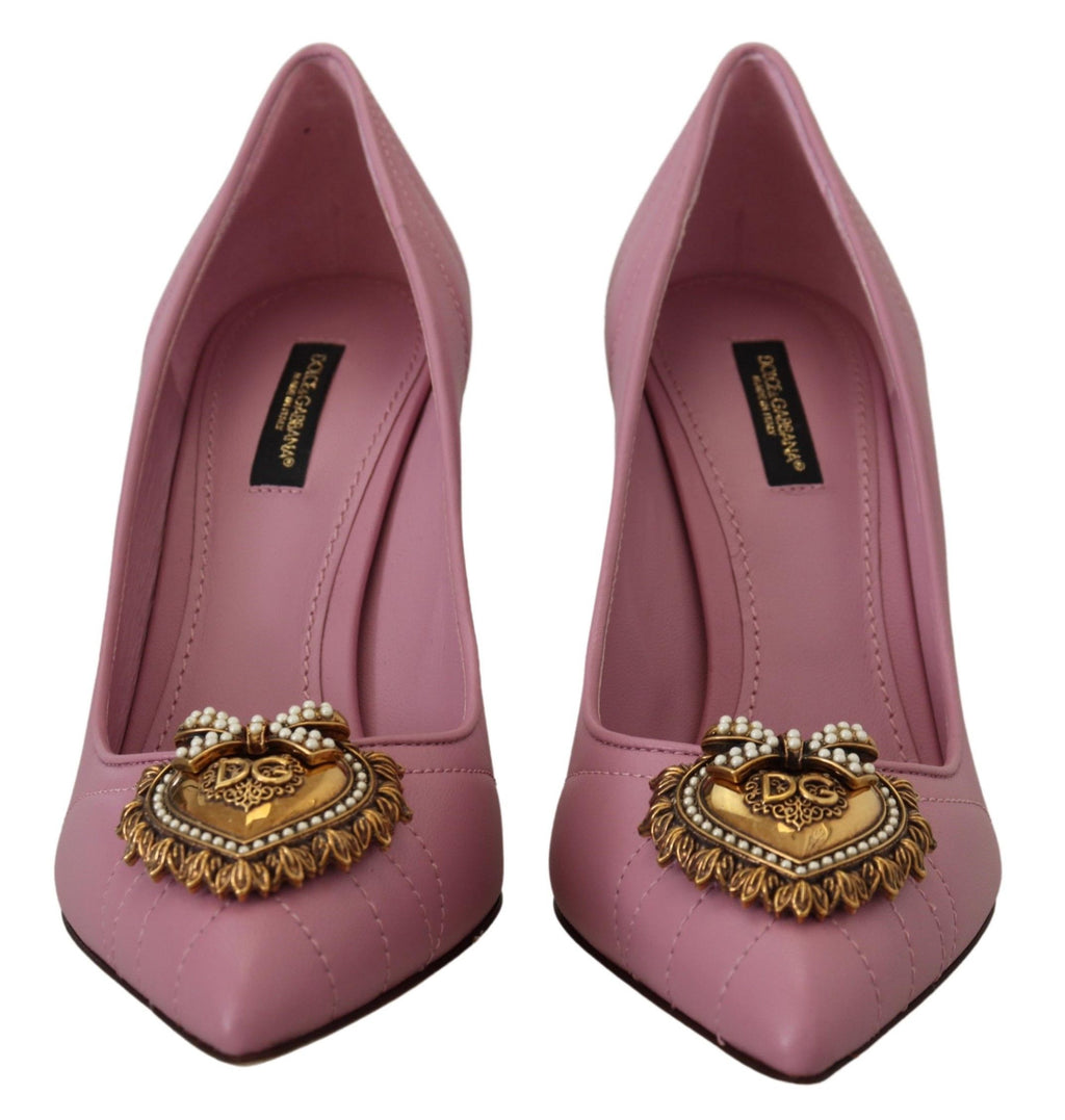 Dolce & Gabbana Pink Leather 'DEVOTION' Heart High Heel – Gold Heart, Leather Sole, Logo, Italian
