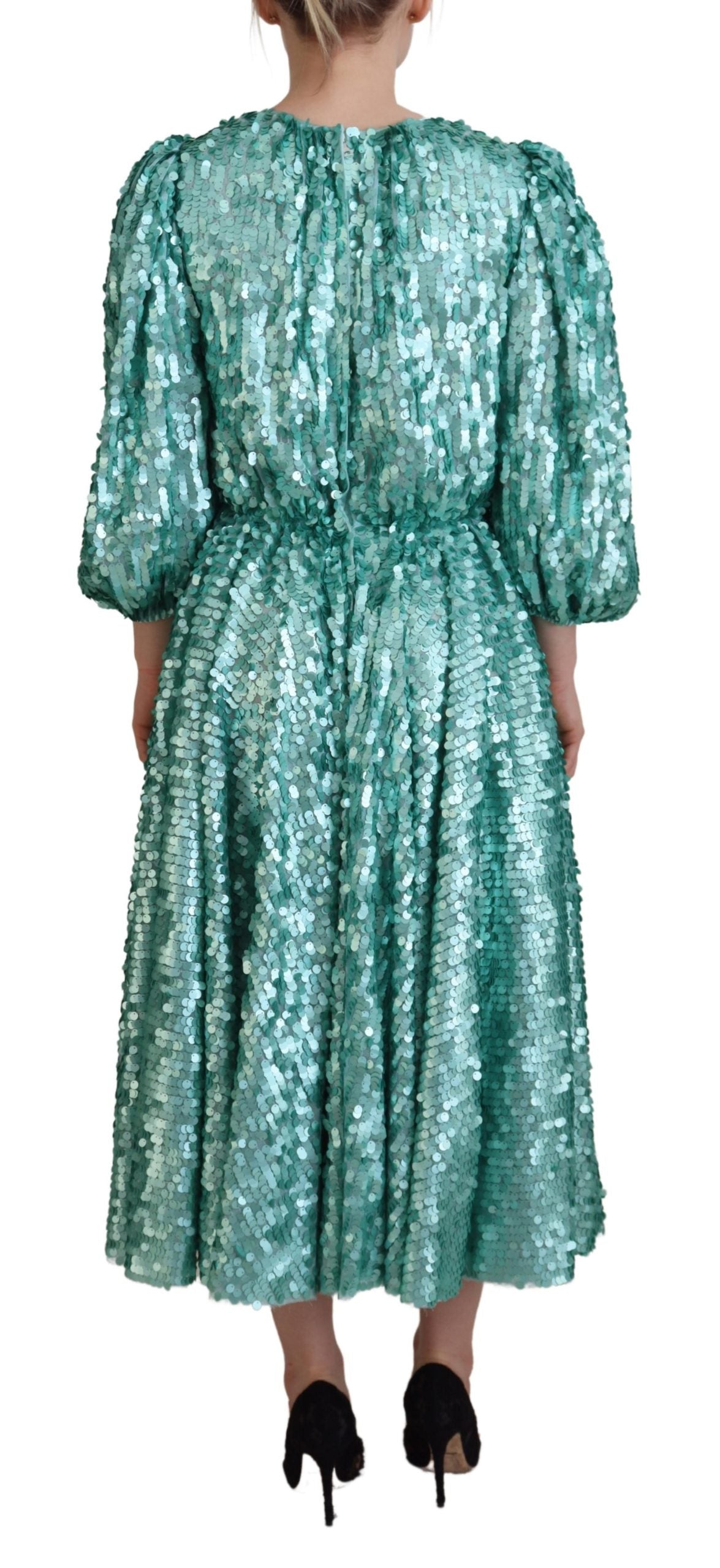 Dolce & Gabbana Blue Sequined Pleated Aline Midi Nylon Dress