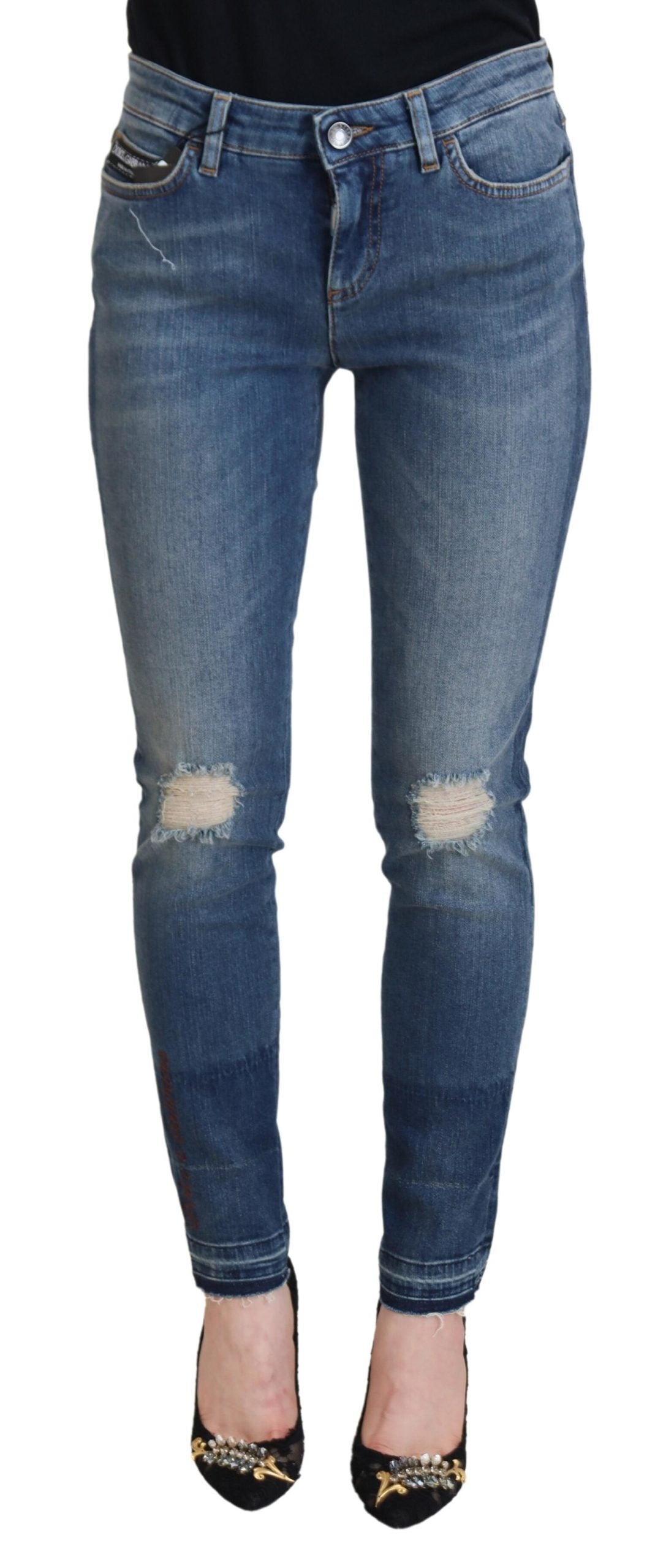 Dolce & Gabbana Blue Washed Distressed Skinny Jeans – 98% Cotton, Made in Italy