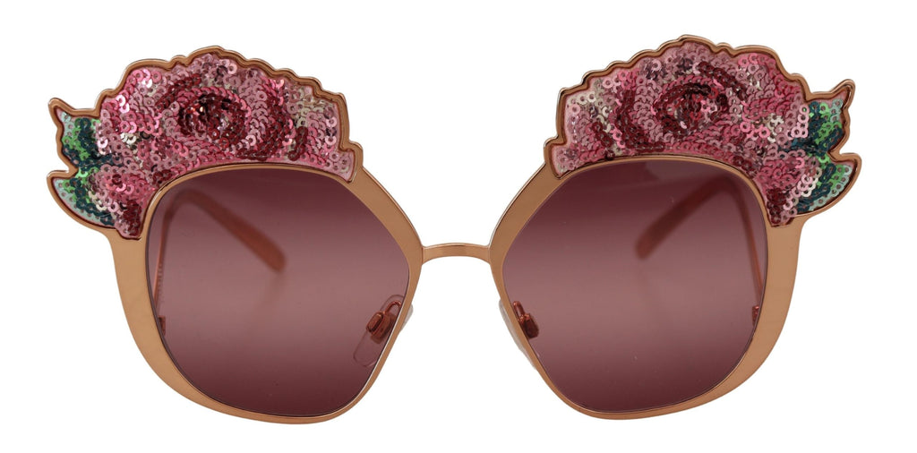Dolce & Gabbana DG2202 Pink Gold Sequin Sunglasses – Metal Frame, Bordeaux Lenses, 100% UV, Women's