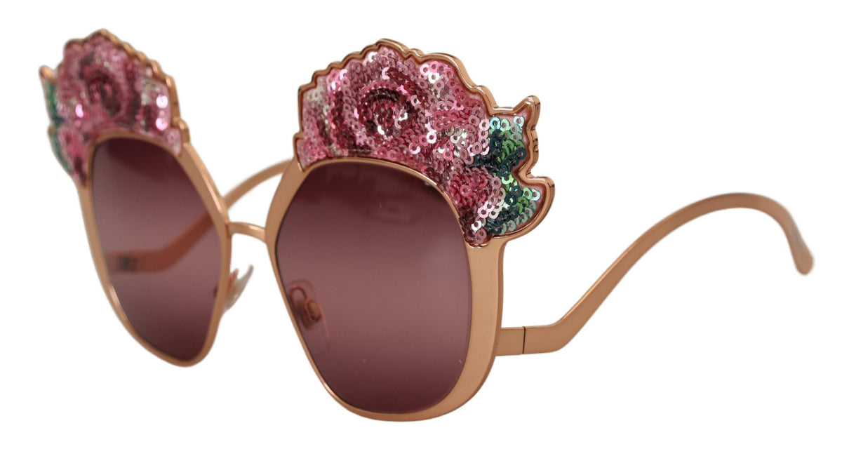 Dolce & Gabbana DG2202 Pink Gold Sequin Sunglasses – Metal Frame, Bordeaux Lenses, 100% UV, Women's