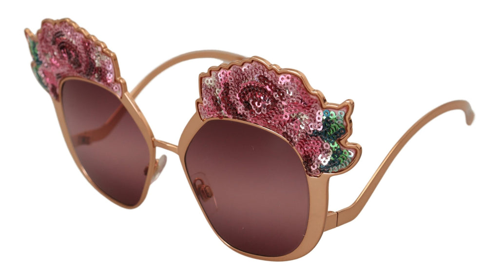 Dolce & Gabbana DG2202 Pink Gold Sequin Sunglasses – Metal Frame, Bordeaux Lenses, 100% UV, Women's
