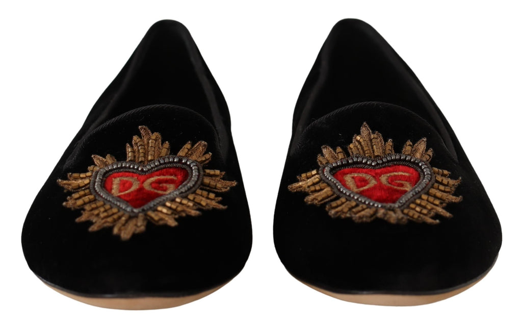Dolce & Gabbana Black Leather 'DG Sacred Heart' Patch Flat Shoes – Logo, Leather Sole, Italian