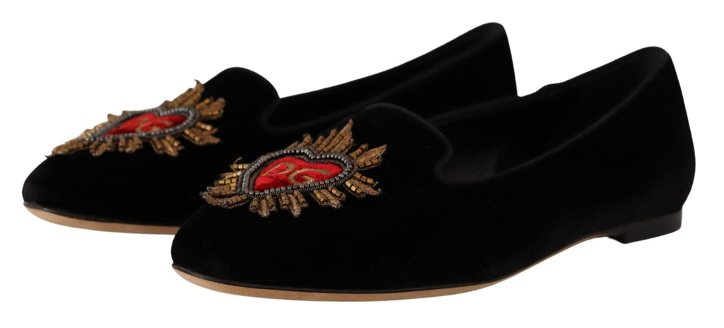 Dolce & Gabbana Black Leather 'DG Sacred Heart' Patch Flat Shoes – Logo, Leather Sole, Italian