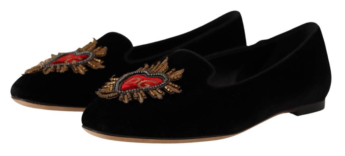 Dolce & Gabbana Black Leather 'DG Sacred Heart' Patch Flat Shoes – Logo, Leather Sole, Italian