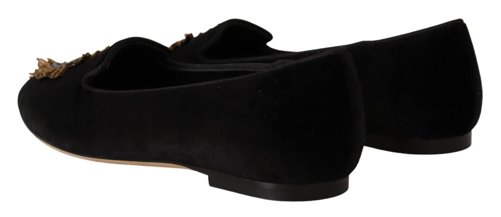 Dolce & Gabbana Black Leather 'DG Sacred Heart' Patch Flat Shoes – Logo, Leather Sole, Italian