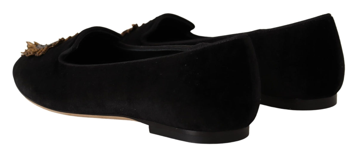 Dolce & Gabbana Black Leather 'DG Sacred Heart' Patch Flat Shoes – Logo, Leather Sole, Italian