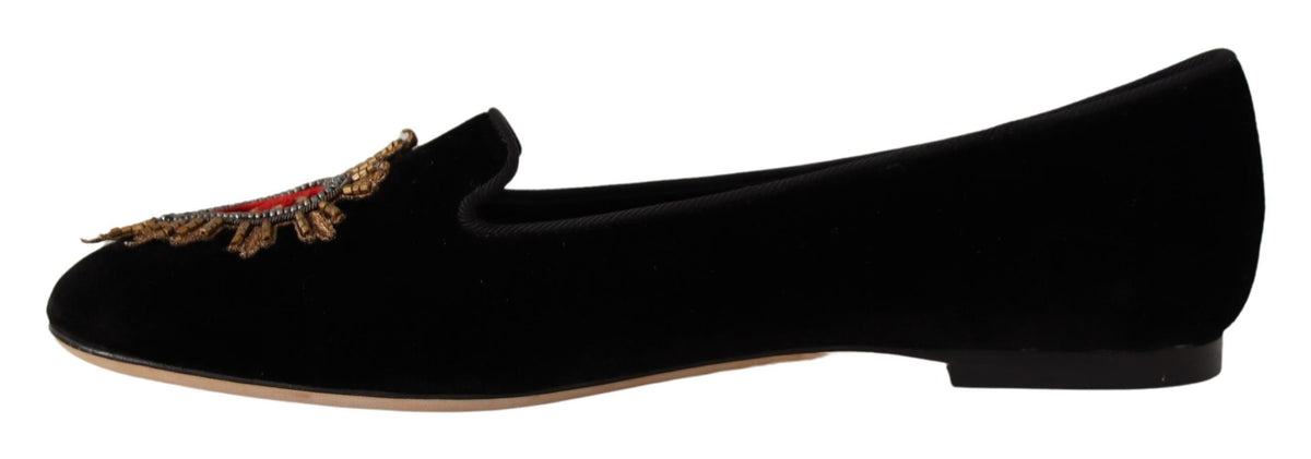 Dolce & Gabbana Black Leather 'DG Sacred Heart' Patch Flat Shoes – Logo, Leather Sole, Italian