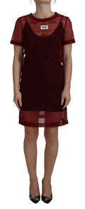 Dolce & Gabbana Burgundy 100% Nylon Double-Layer Shift Mini Dress – Logo Detail, Italian