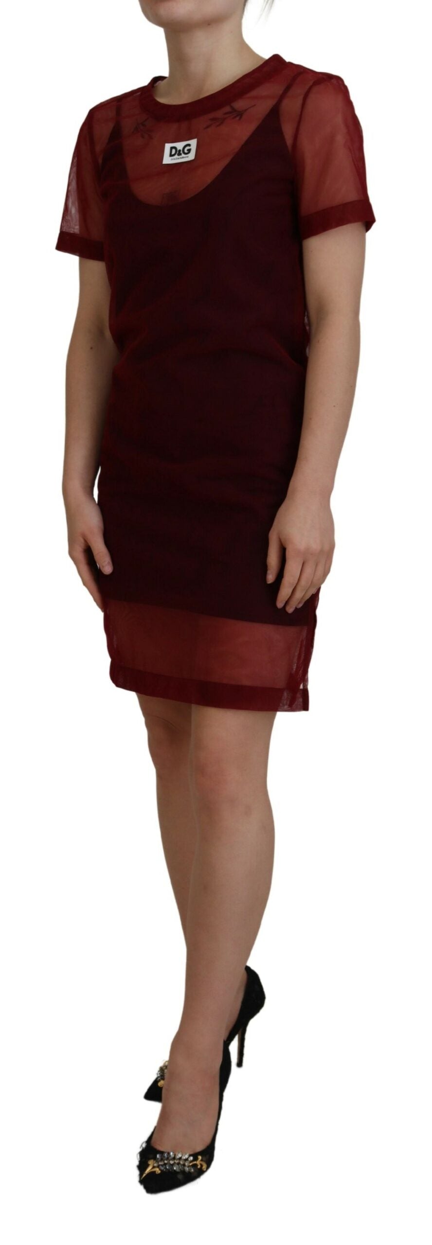 Dolce & Gabbana Burgundy 100% Nylon Double-Layer Shift Mini Dress – Logo Detail, Italian