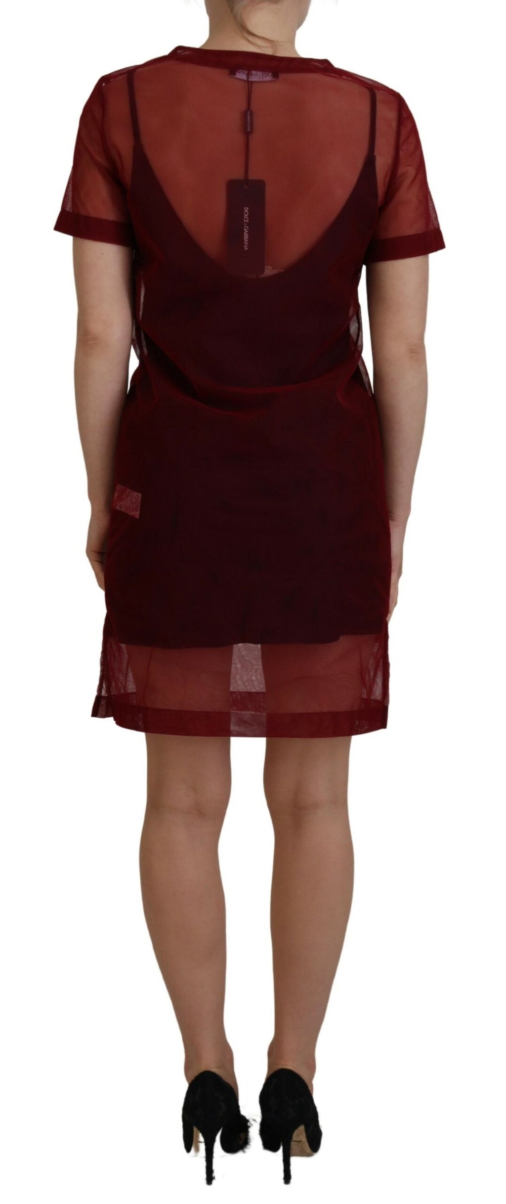 Dolce & Gabbana Burgundy 100% Nylon Double-Layer Shift Mini Dress – Logo Detail, Italian