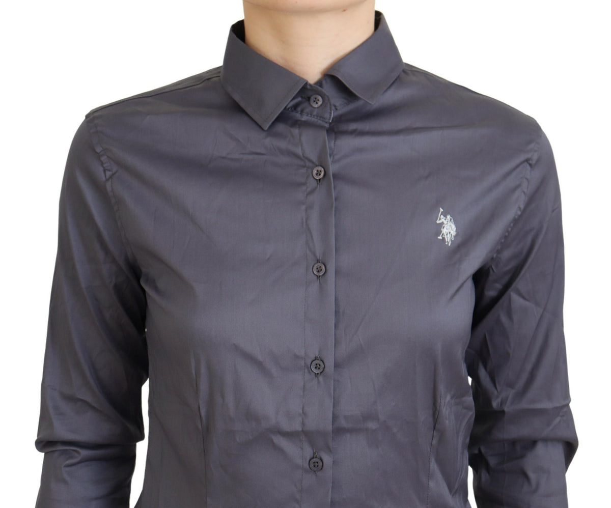 Gray Printed Long Sleeves Collared Top