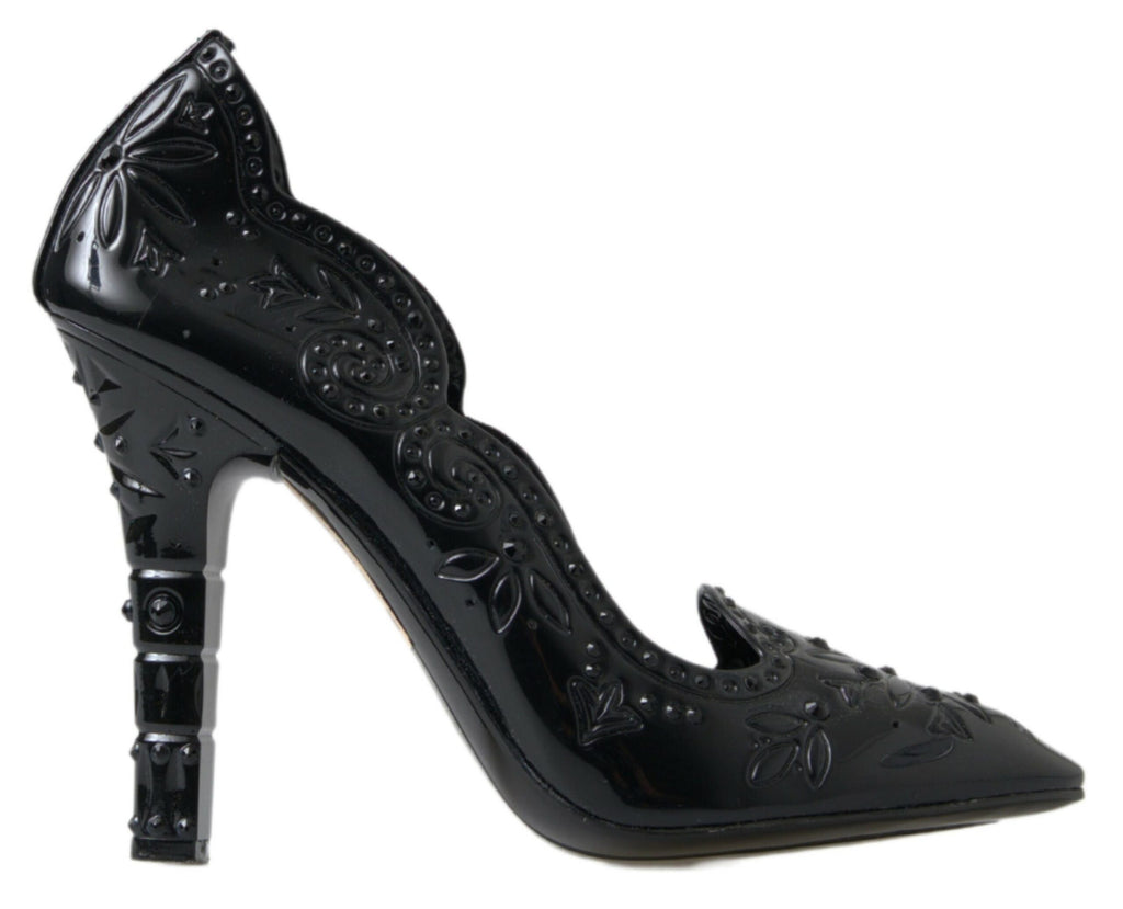 Dolce & Gabbana Black 'Cinderella' Floral Crystal Pumps – PVC, Black Crystals, Rubber Sole, Logo, Italian