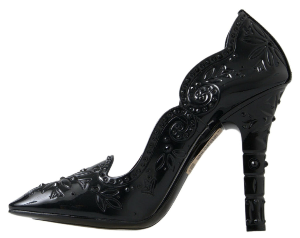Dolce & Gabbana Black 'Cinderella' Floral Crystal Pumps – PVC, Black Crystals, Rubber Sole, Logo, Italian