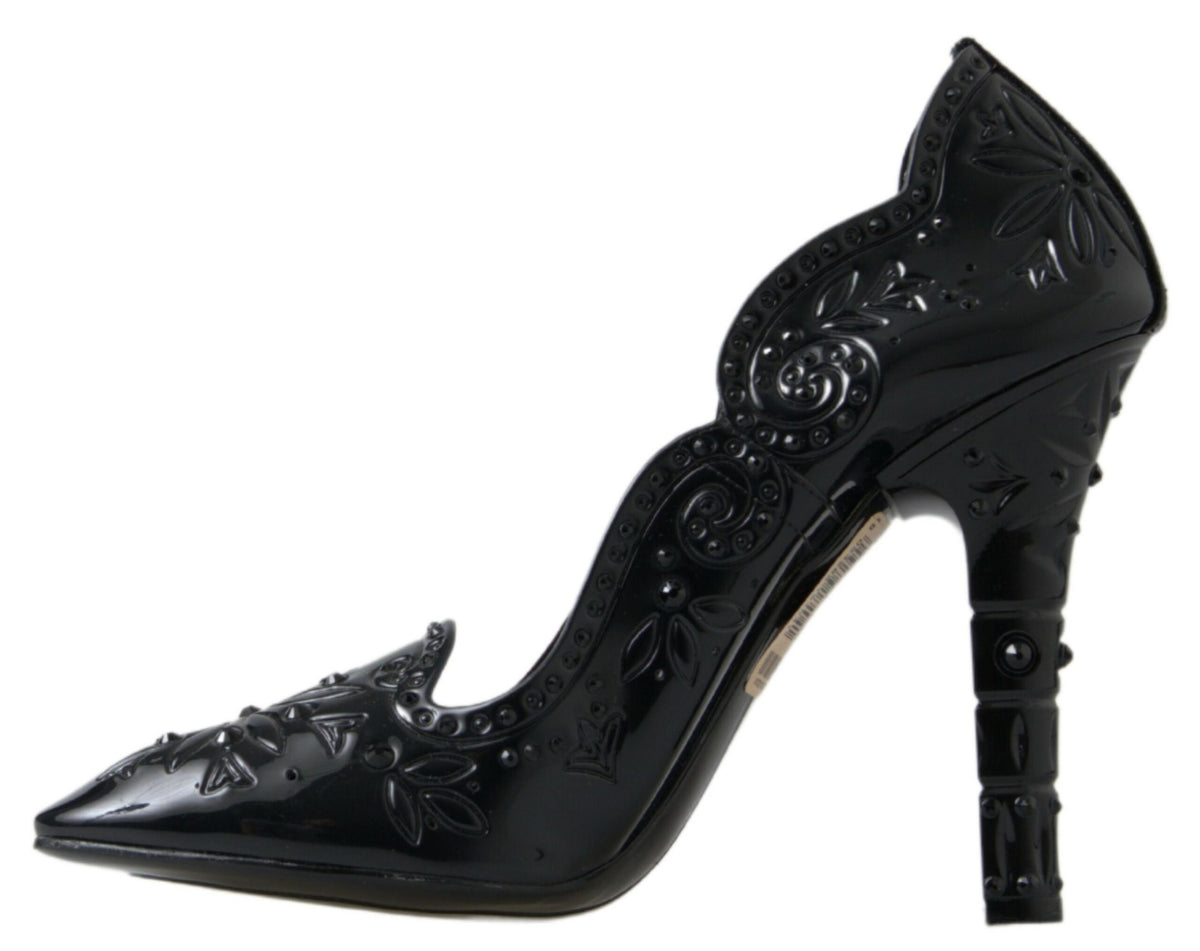 Dolce & Gabbana Black 'Cinderella' Floral Crystal Pumps – PVC, Black Crystals, Rubber Sole, Logo, Italian