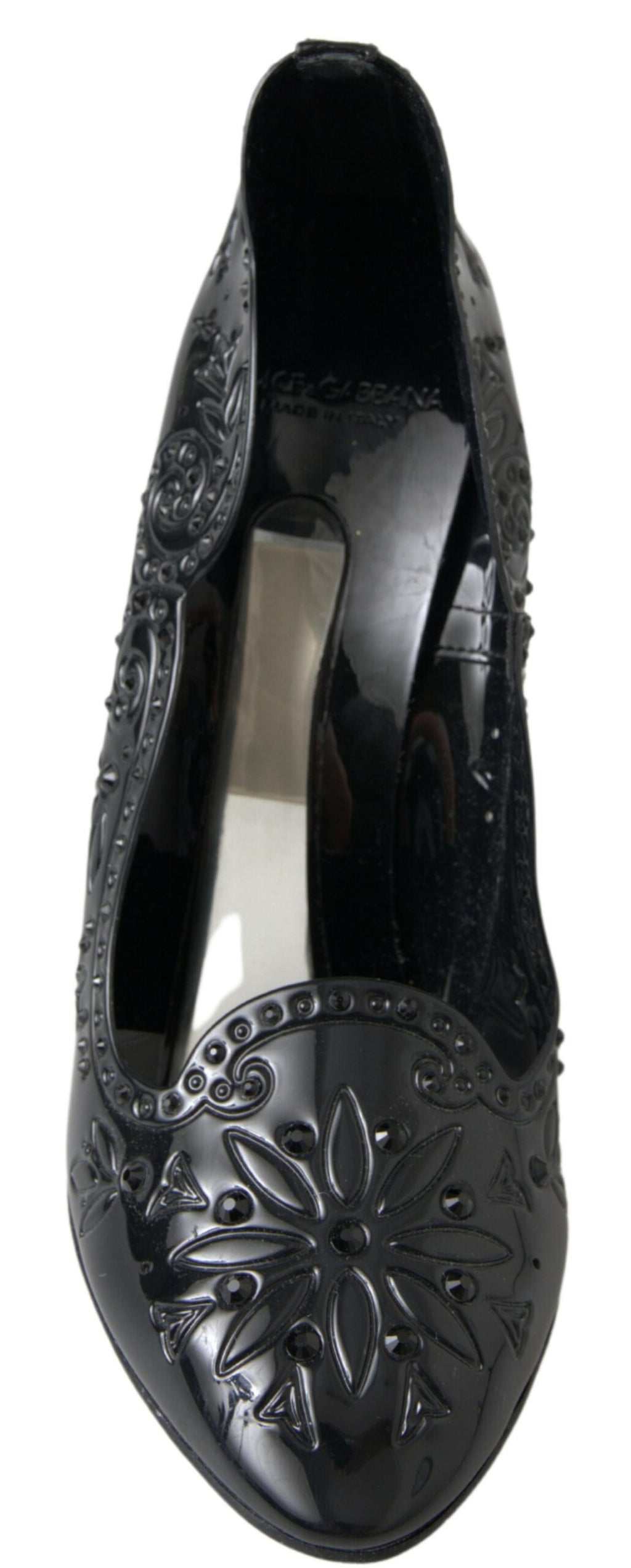 Dolce & Gabbana Black 'Cinderella' Floral Crystal Pumps – PVC, Black Crystals, Rubber Sole, Logo, Italian