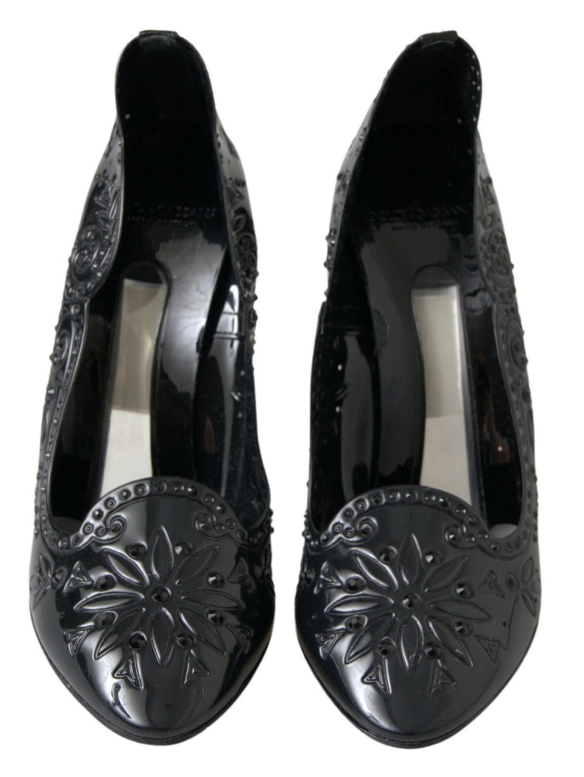 Dolce & Gabbana Black 'Cinderella' Floral Crystal Pumps – PVC, Black Crystals, Rubber Sole, Logo, Italian